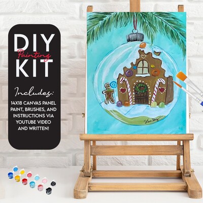 Gingerbread House Christmas Ornament , Video Instructional Paint Kit, 11x14 inch, DIY Canvas Art Kit, Kid and Adult Painting - image1